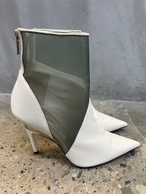 Jimmy Choo White Leather & Sheer Mesh Pointed Stiletto Booties